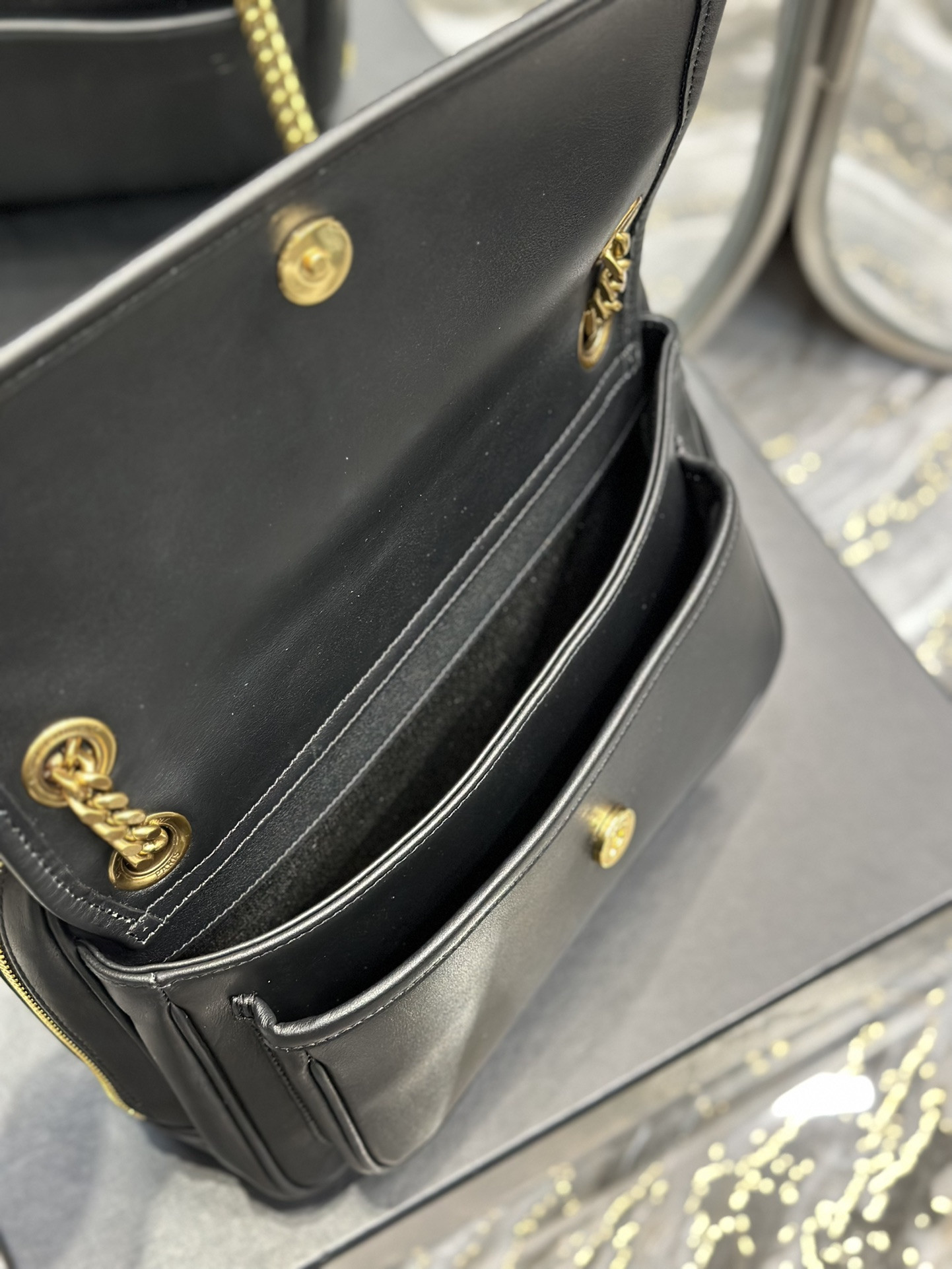 Y*L NIKI MEDIUM IN VINTAGE LEATHER BLACK GOLD 11 X 7.8 X 3.3 INCHES