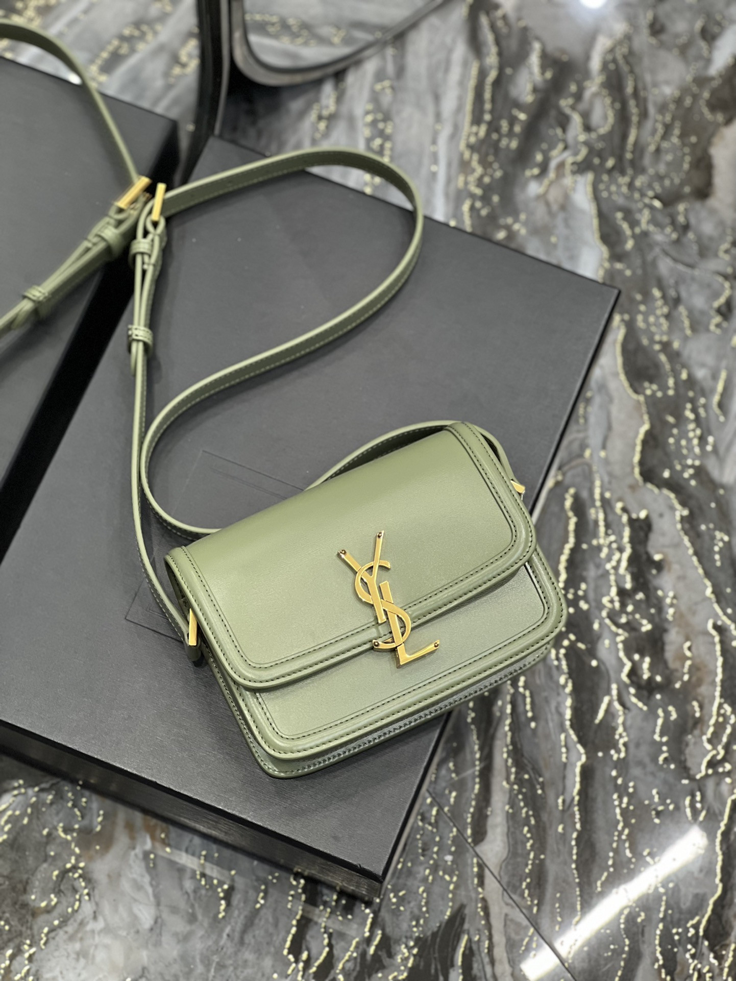 Y*L SOLFERINO SMALL SATCHEL IN BOX SAINT LIGHT GREEN 7.4 X 5.1 X 1.9 INCHES