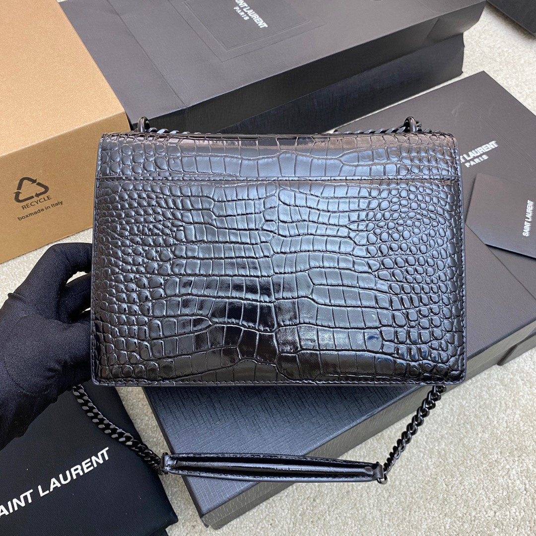 Y*L SUNSET MEDIUM IN CROCODILE-EMBOSSED LEATHER NOIR 8 X 6.2 X 2.5 INCHES