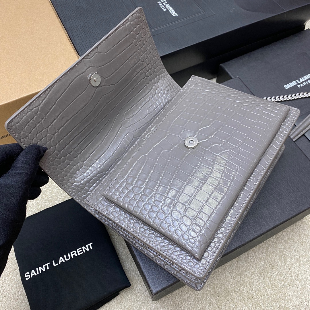 Y*L SUNSET MEDIUM IN CROCODILE-EMBOSSED LEATHER GRAY 8 X 6.2 X 2.5 INCHES