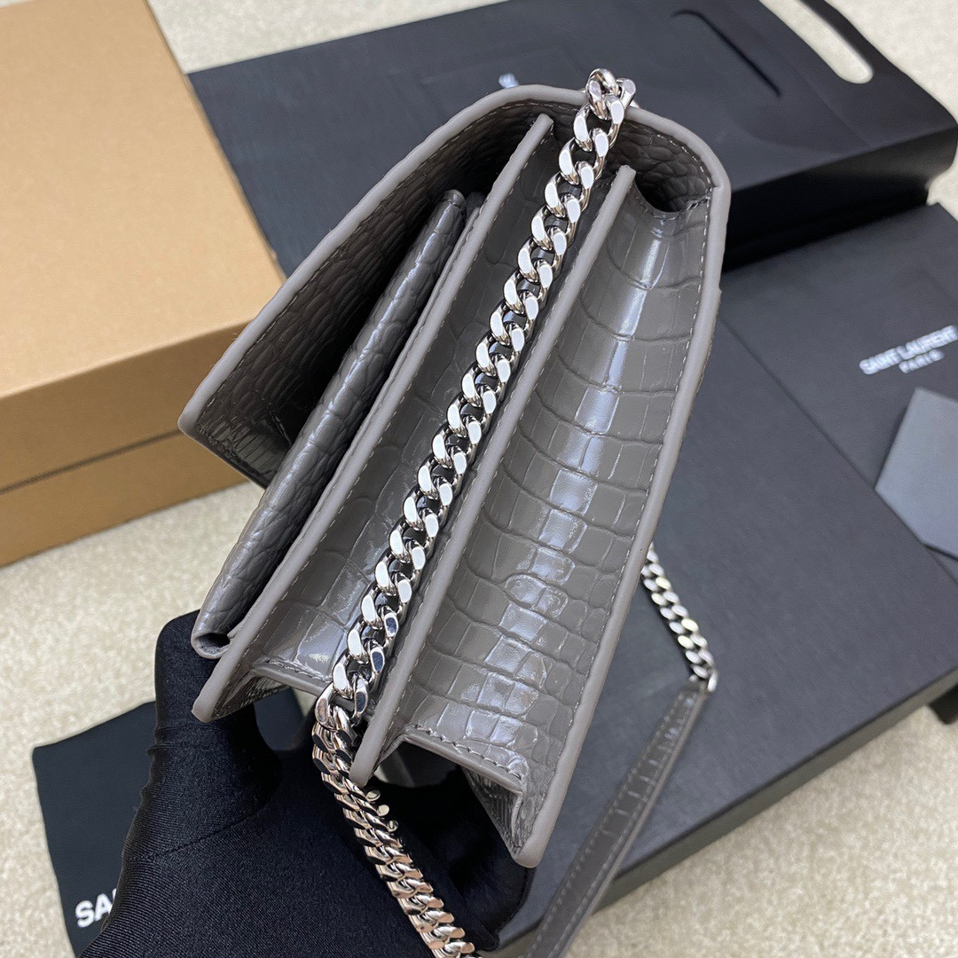 Y*L SUNSET MEDIUM IN CROCODILE-EMBOSSED LEATHER GRAY 8 X 6.2 X 2.5 INCHES
