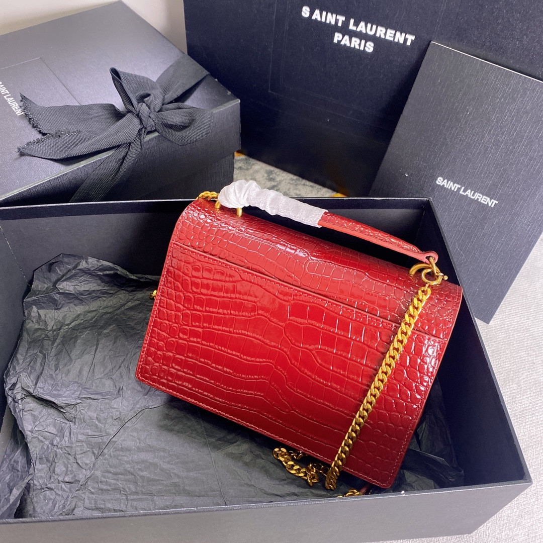 Y*L SUNSET CHAIN WALLET IN CROCODILE-EMBOSSED SHINY LEATHER RED 7.4 X 5.5 X 2.1 INCHES