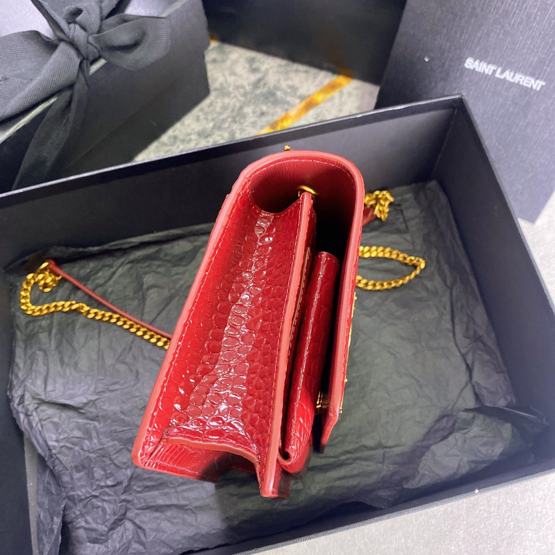 Y*L SUNSET CHAIN WALLET IN CROCODILE-EMBOSSED SHINY LEATHER RED 7.4 X 5.5 X 2.1 INCHES