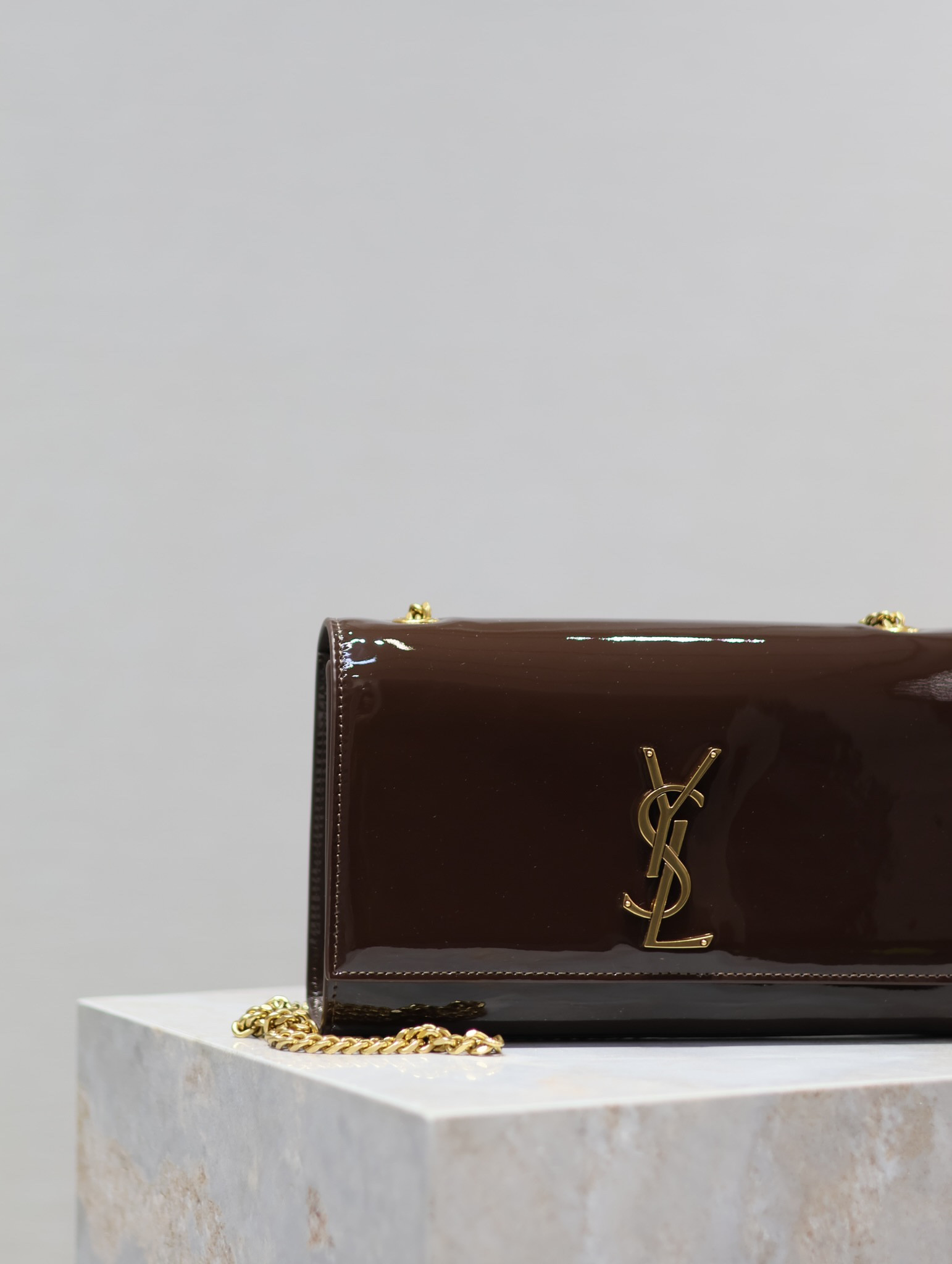 Y*L KATE MEDIUM IN SHINY LEATHER BROWN 9.4 X 5.7 X 2.1 INCHES