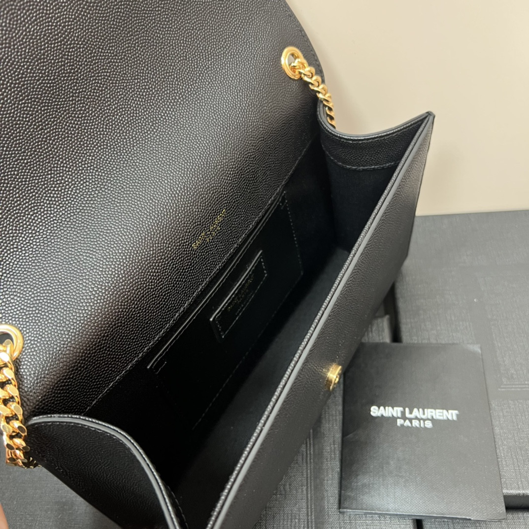 Y*L KATE MEDIUM IN GRAIN DE POUDRE EMBOSSED LEATHER BLACK GOLD 9.4 X 5.7 X 2.1 INCHES