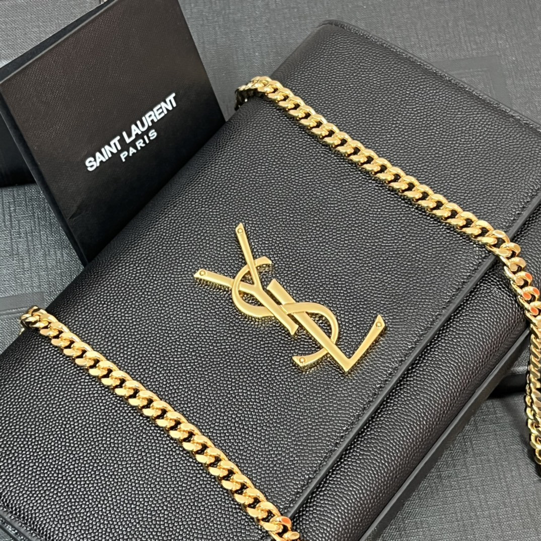 Y*L KATE MEDIUM IN GRAIN DE POUDRE EMBOSSED LEATHER BLACK GOLD 9.4 X 5.7 X 2.1 INCHES
