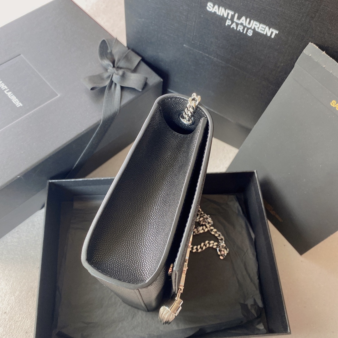 Y*L KATE MEDIUM IN GRAIN DE POUDRE EMBOSSED LEATHER BLACK SILVER 9.4 X 5.7 X 2.1 INCHES