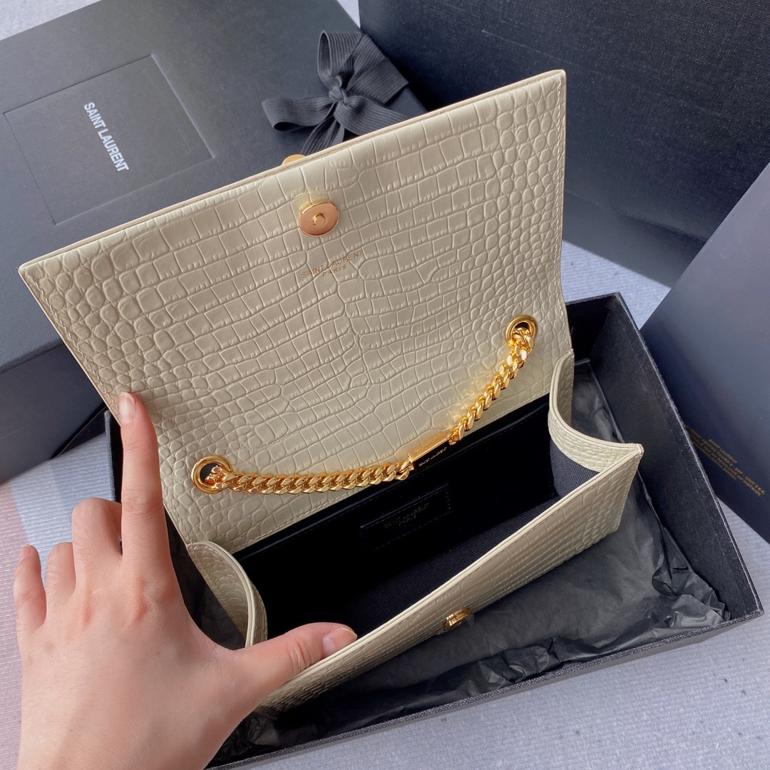 Y*L KATE MEDIUM TASSEL IN CROCODILE-EMBOSSED LEATHER WHITE 9.4 X 5.7 X 2.1 INCHES