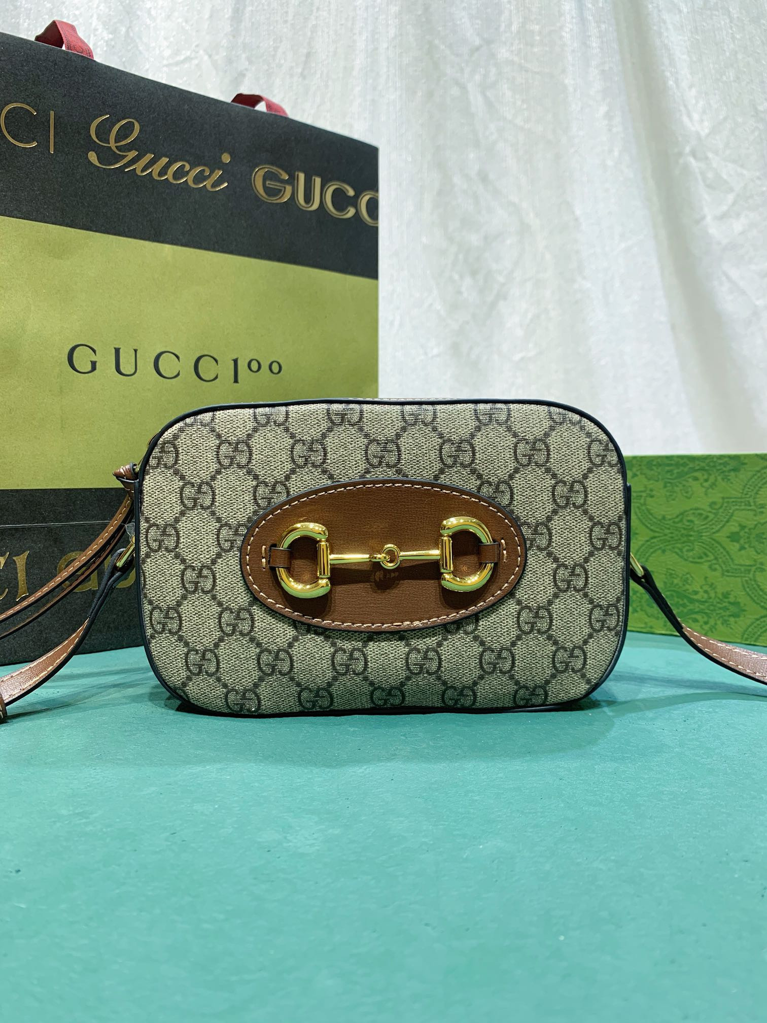 G*u*i HORSEBIT 1955 SMALL SHOULDER BAG Beige and ebony 7.9"W x 5.1"H x 2.4"D