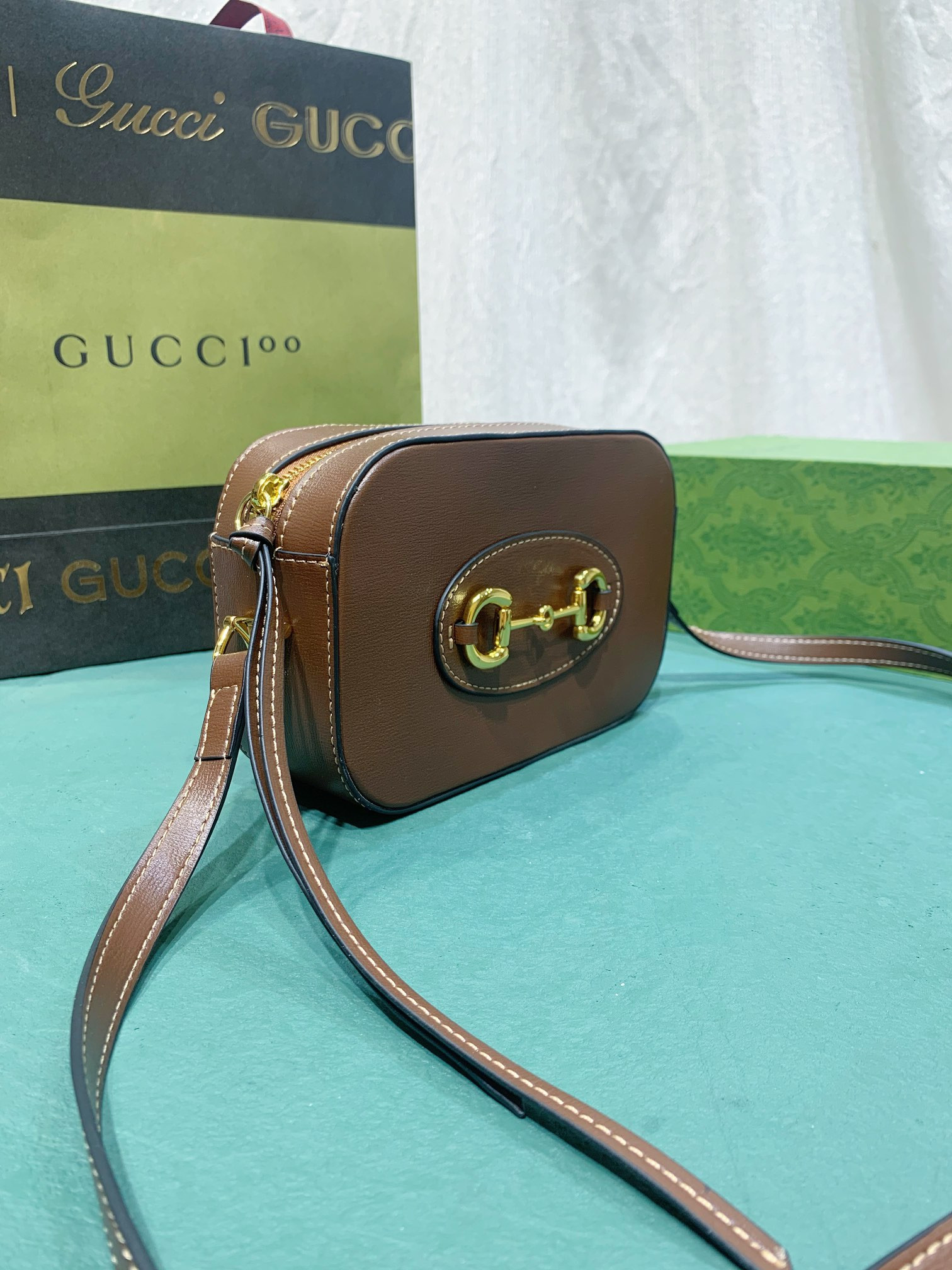 G*u*i HORSEBIT 1955 SMALL SHOULDER BAG BROWN 7.9"W x 5.1"H x 2.4"D