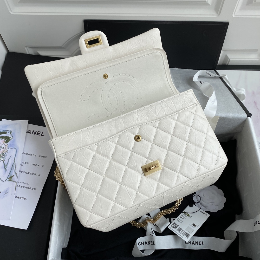 Ch*el LARGE 2.55 HANDBAG White& Gold-Tone Metal 7.6 × 10.9 × 2.9 in