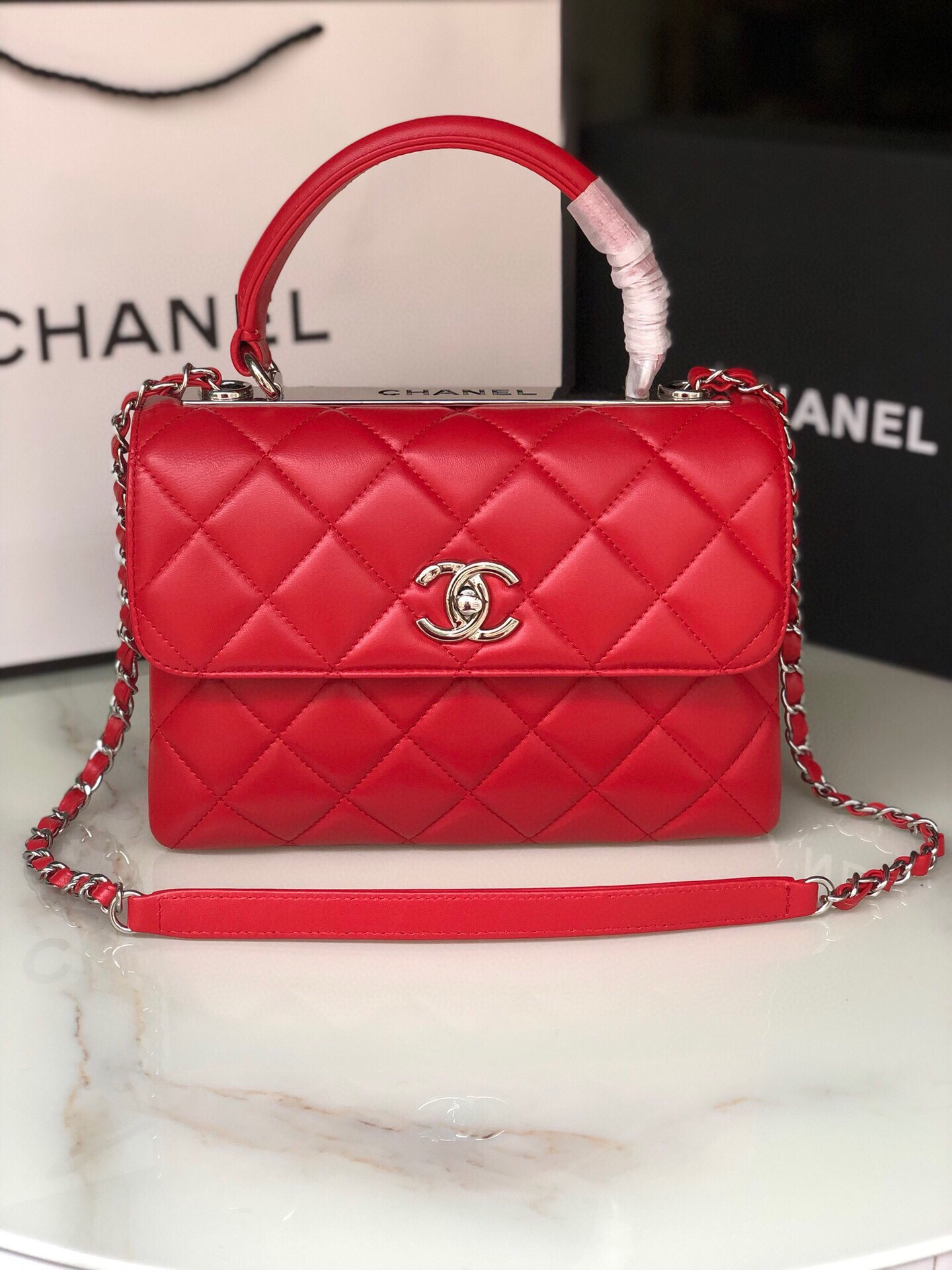 Ch*el FLAP BAG WITH TOP HANDLE 6.6 × 9.8 × 4.7 in