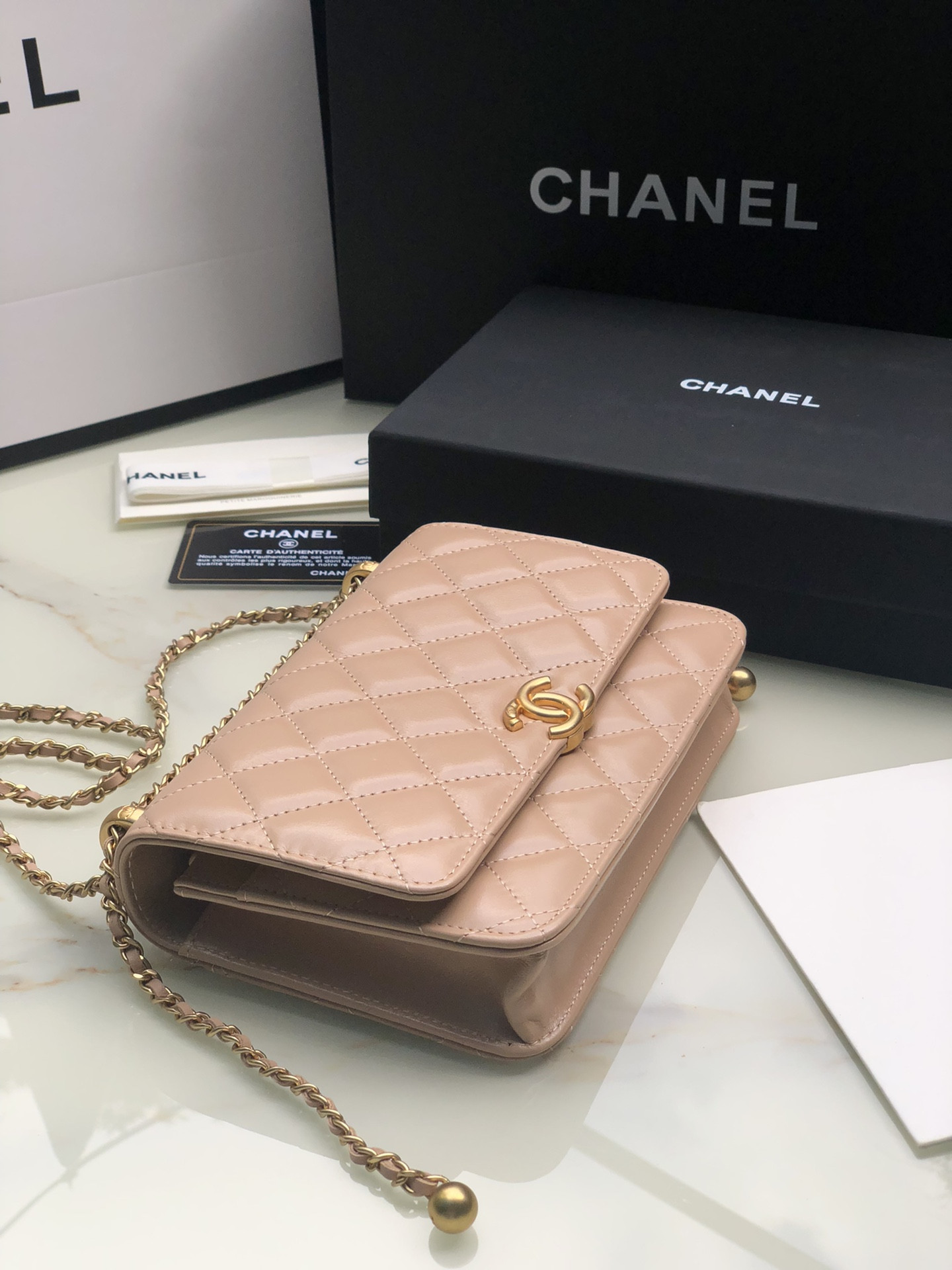 Ch*el CLASSIC WALLET ON CHAIN Pink 4.8 × 7.5 × 1.4 in