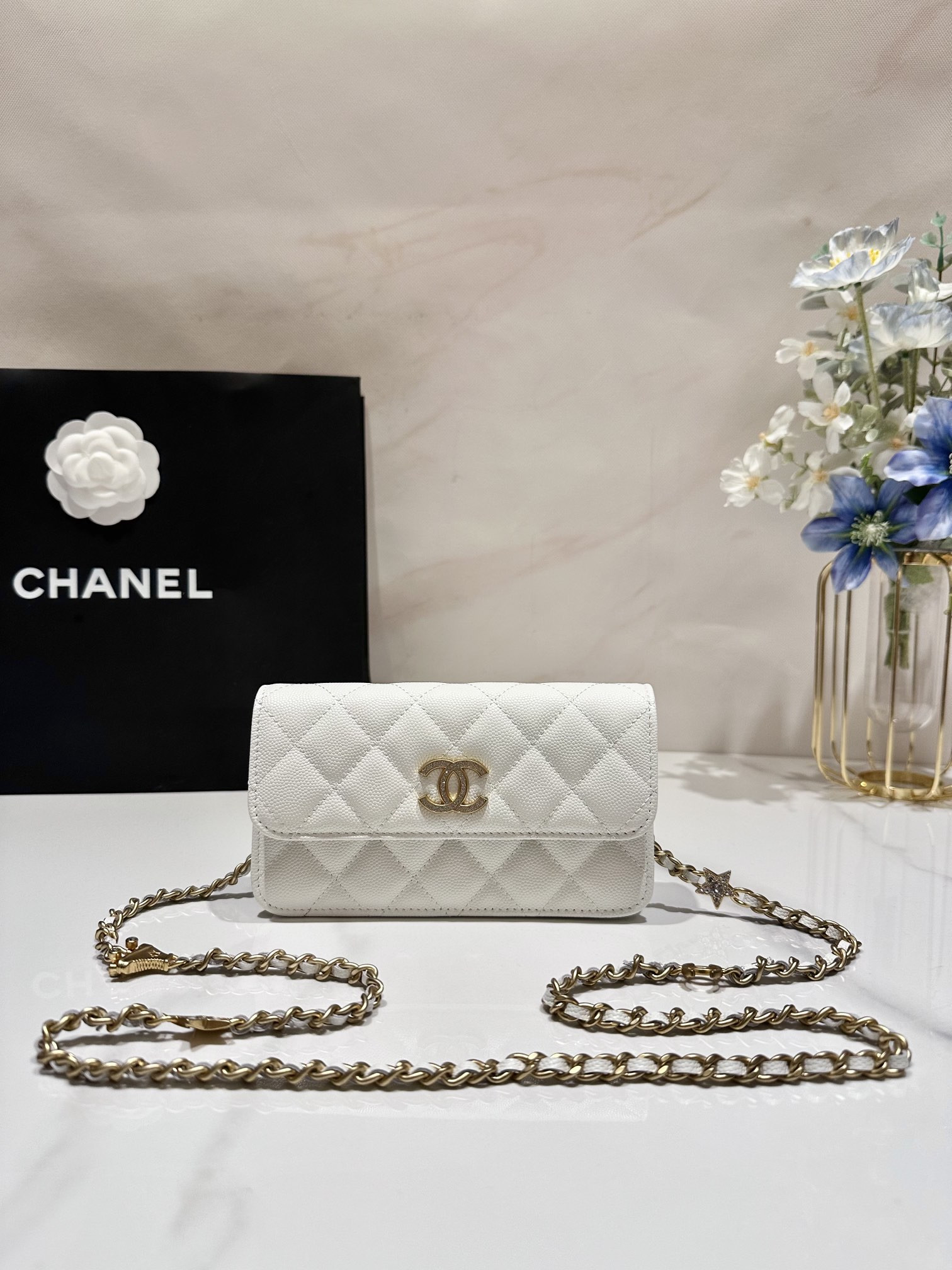 Ch*el CLASSIC WALLET ON CHAIN MINI WHITE 6.7 x 3.9 x 1.6 in