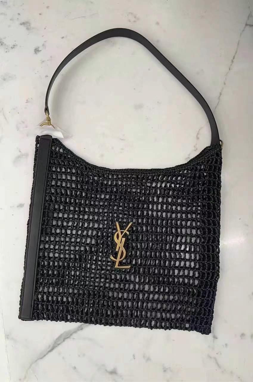 Y*L OXALIS BAG IN RAFFIA MACRAMÉ BLACK 14.6X 5.7X1.2INCHES