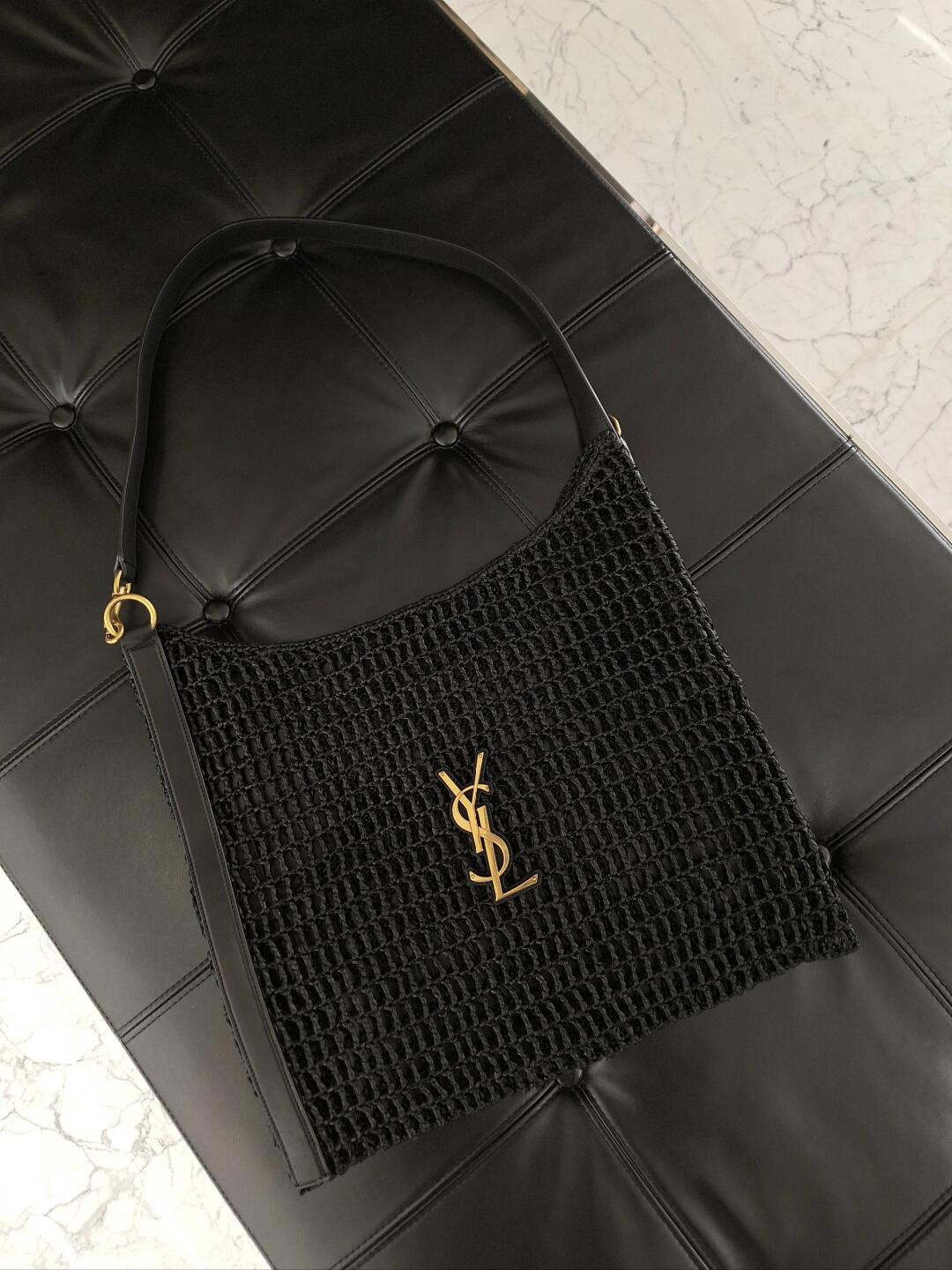 Y*L OXALIS BAG IN RAFFIA MACRAMÉ BLACK 14.6X 5.7X1.2INCHES