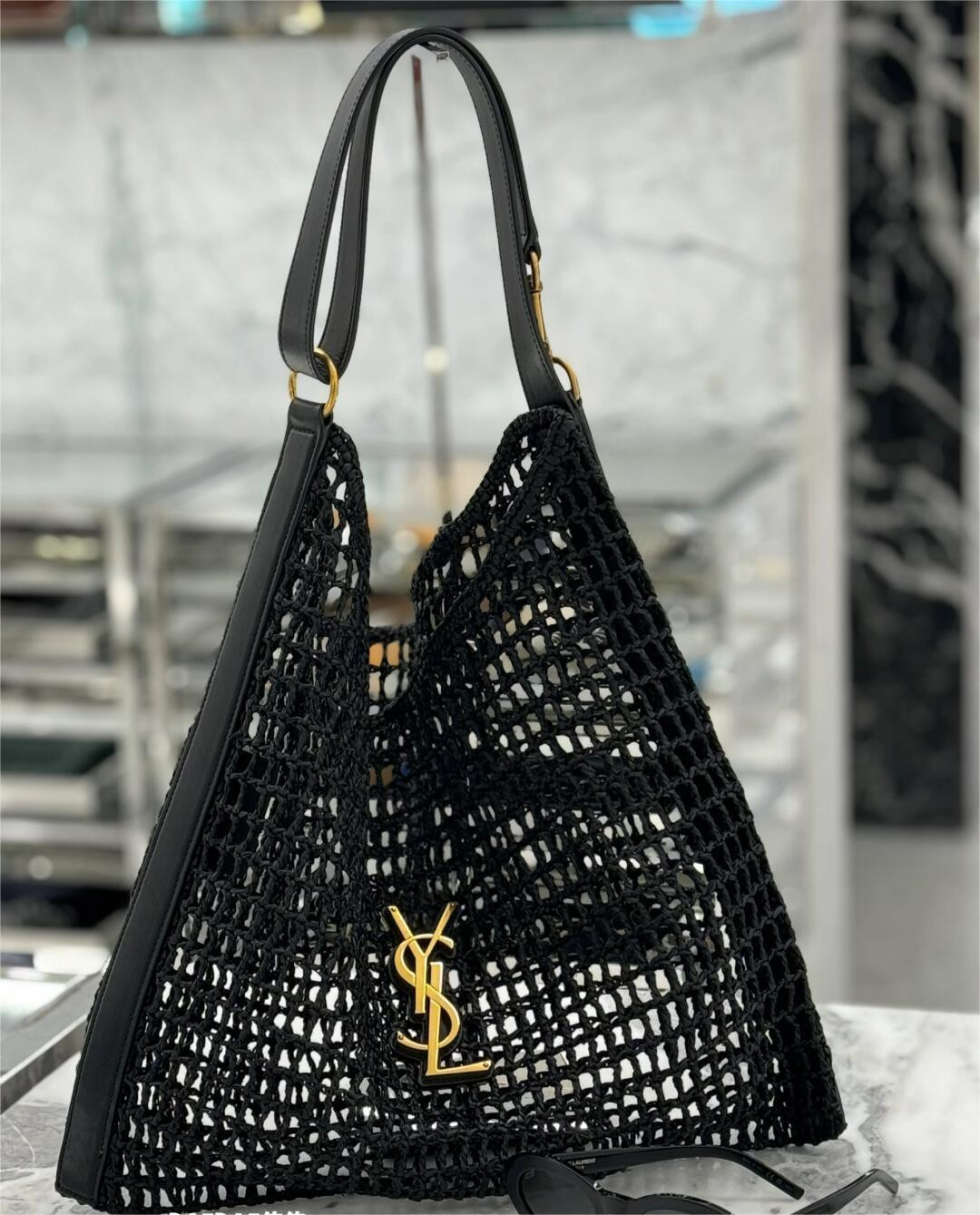 Y*L OXALIS BAG IN RAFFIA MACRAMÉ BLACK 14.6X 5.7X1.2INCHES