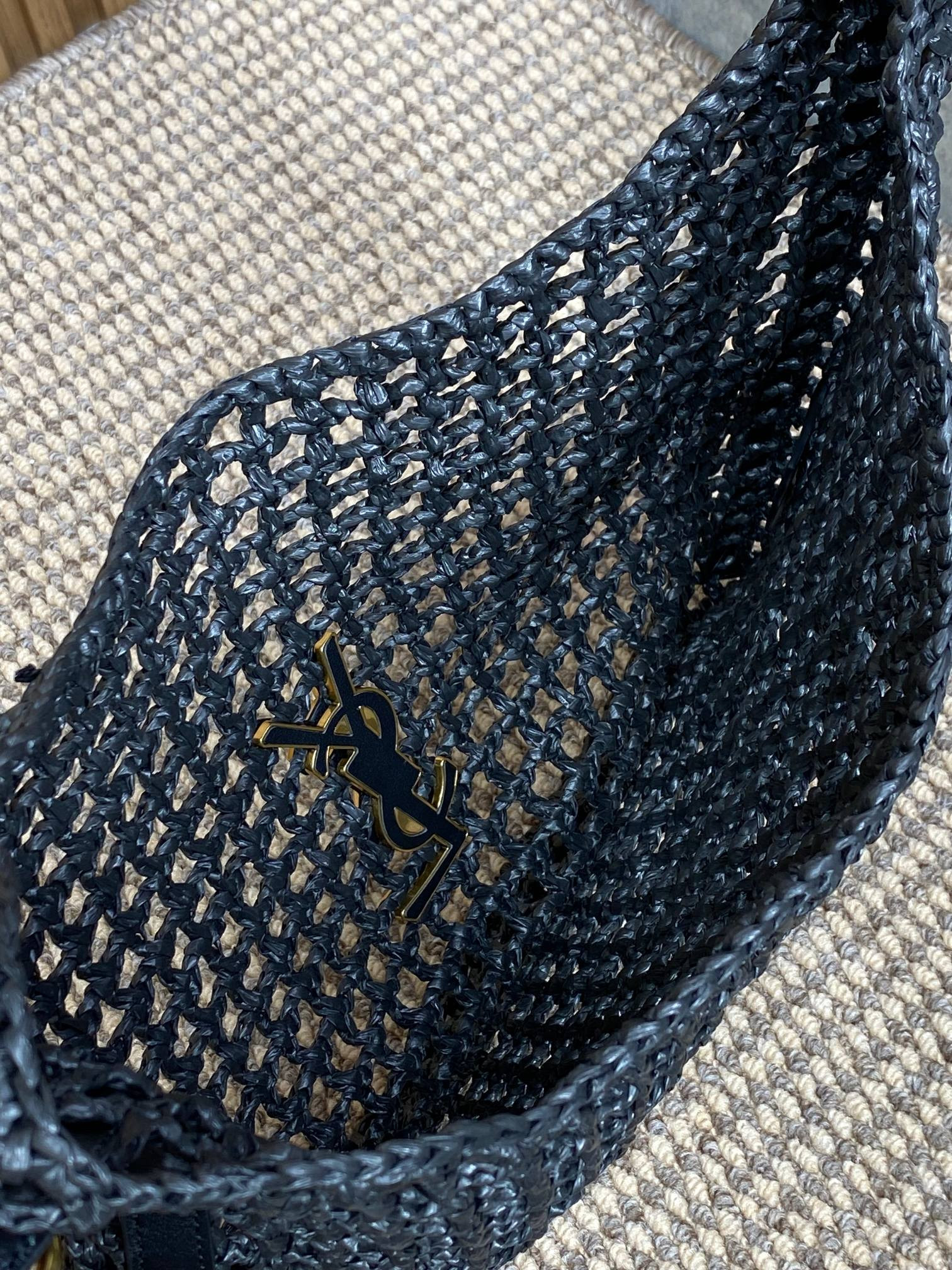 Y*L OXALIS BAG IN RAFFIA MACRAMÉ BLACK 14.6X 5.7X1.2INCHES