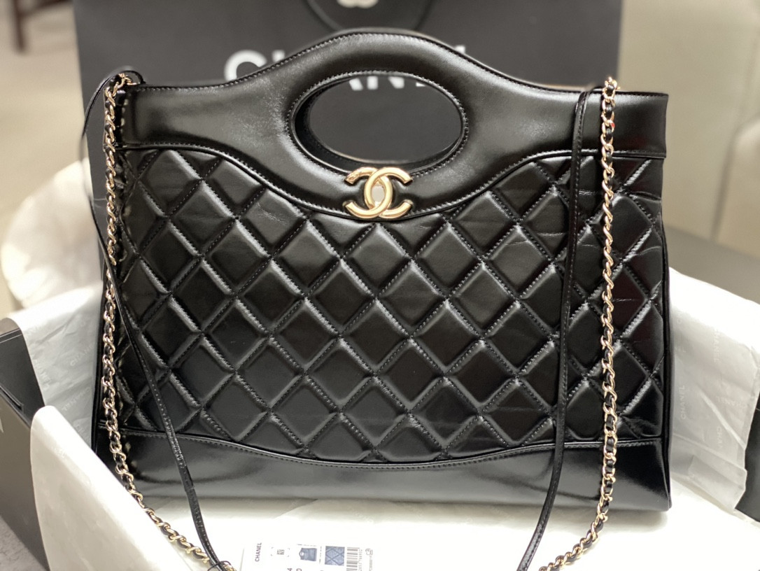 Ch*el SHOPPING BAG Shiny Lambskin & Gold-Tone Metal Black 35x39x8cm