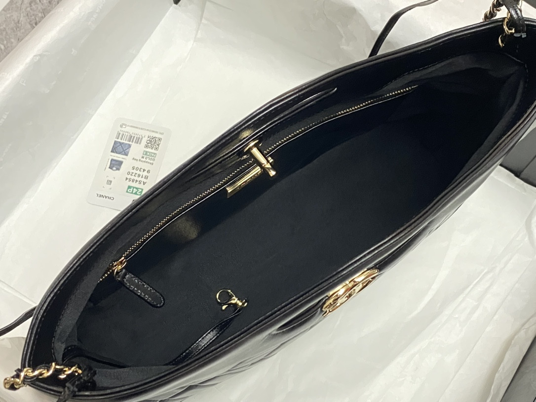 Ch*el SHOPPING BAG Shiny Lambskin & Gold-Tone Metal Black 35x39x8cm