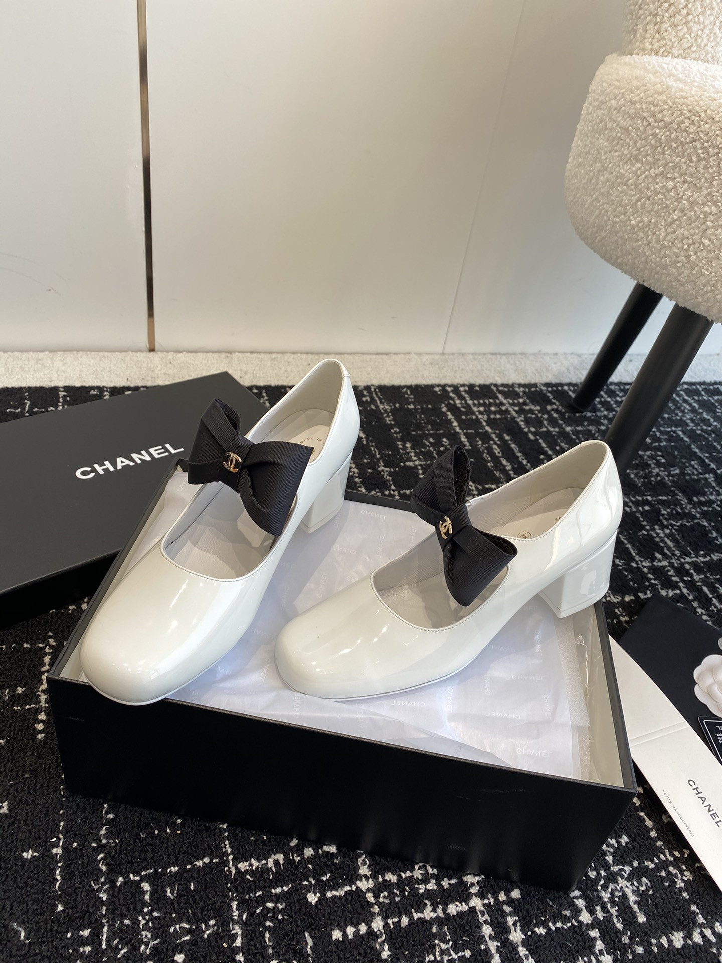 UA Ch*el MARY JANES Patent Calfskin & Grosgrain