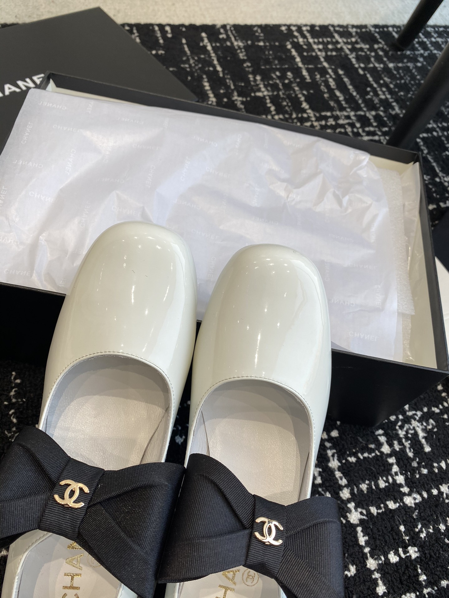 UA Ch*el MARY JANES Patent Calfskin & Grosgrain