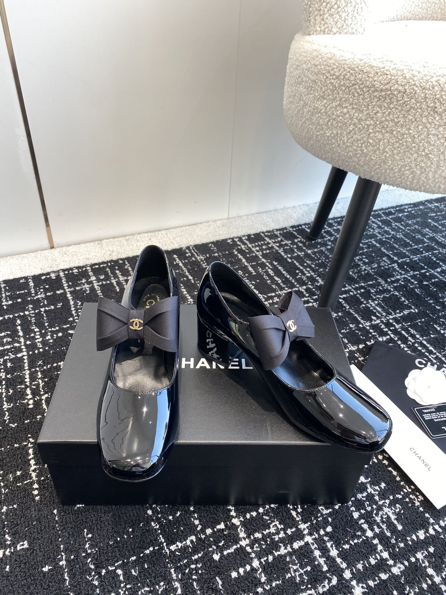 UA Ch*el MARY JANES Patent Calfskin & Grosgrain