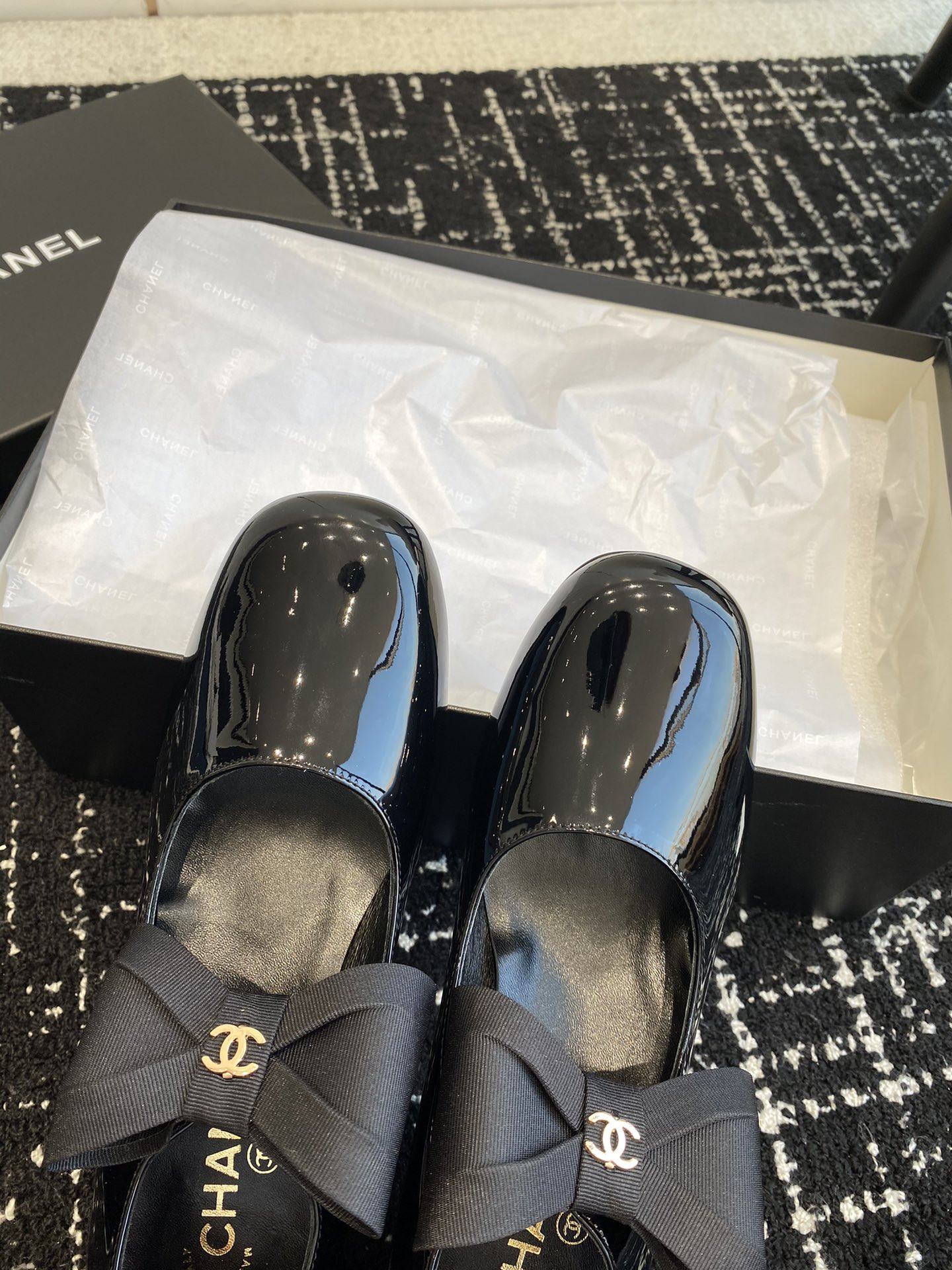 UA Ch*el MARY JANES Patent Calfskin & Grosgrain