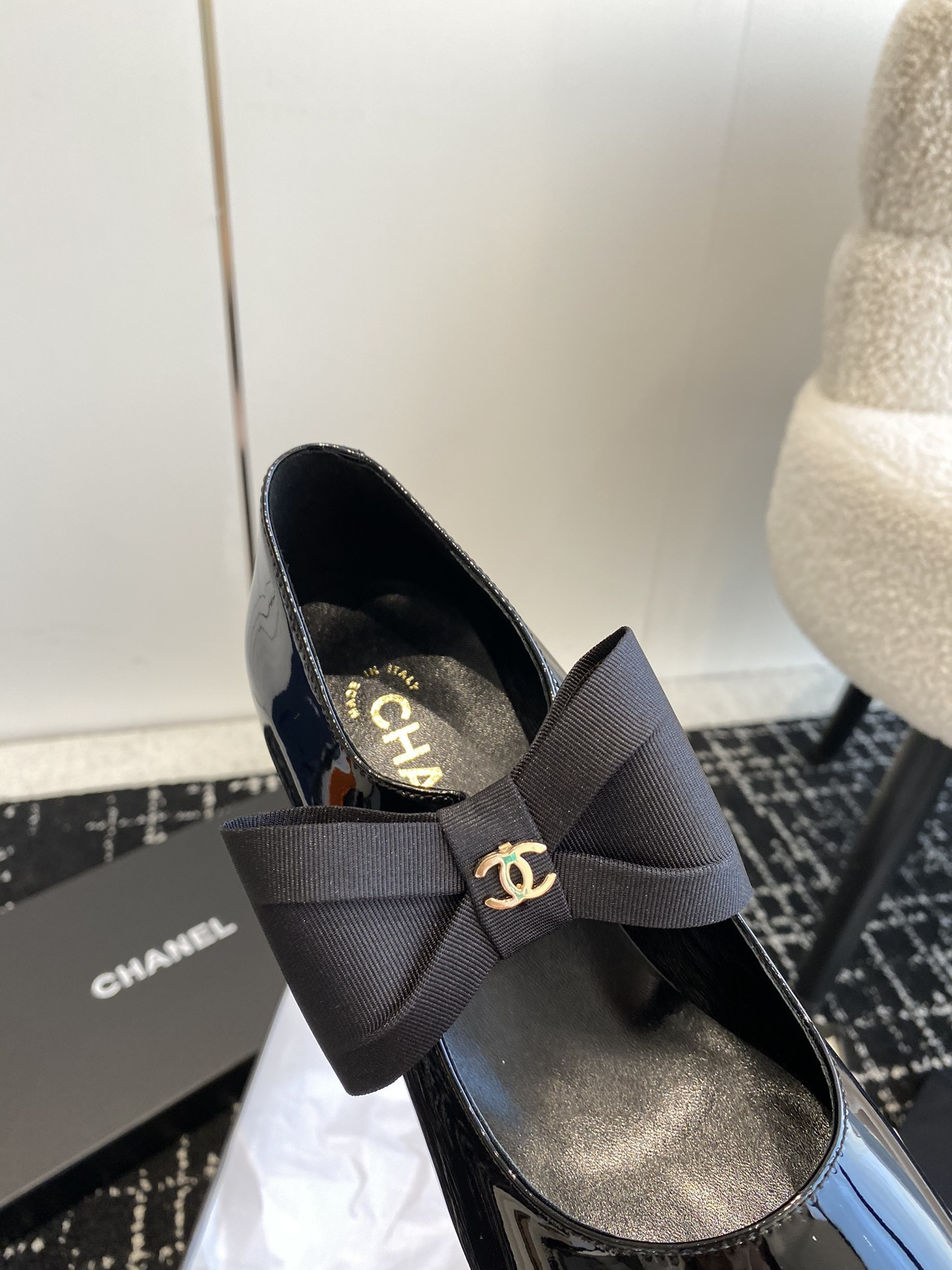 UA Ch*el MARY JANES Patent Calfskin & Grosgrain