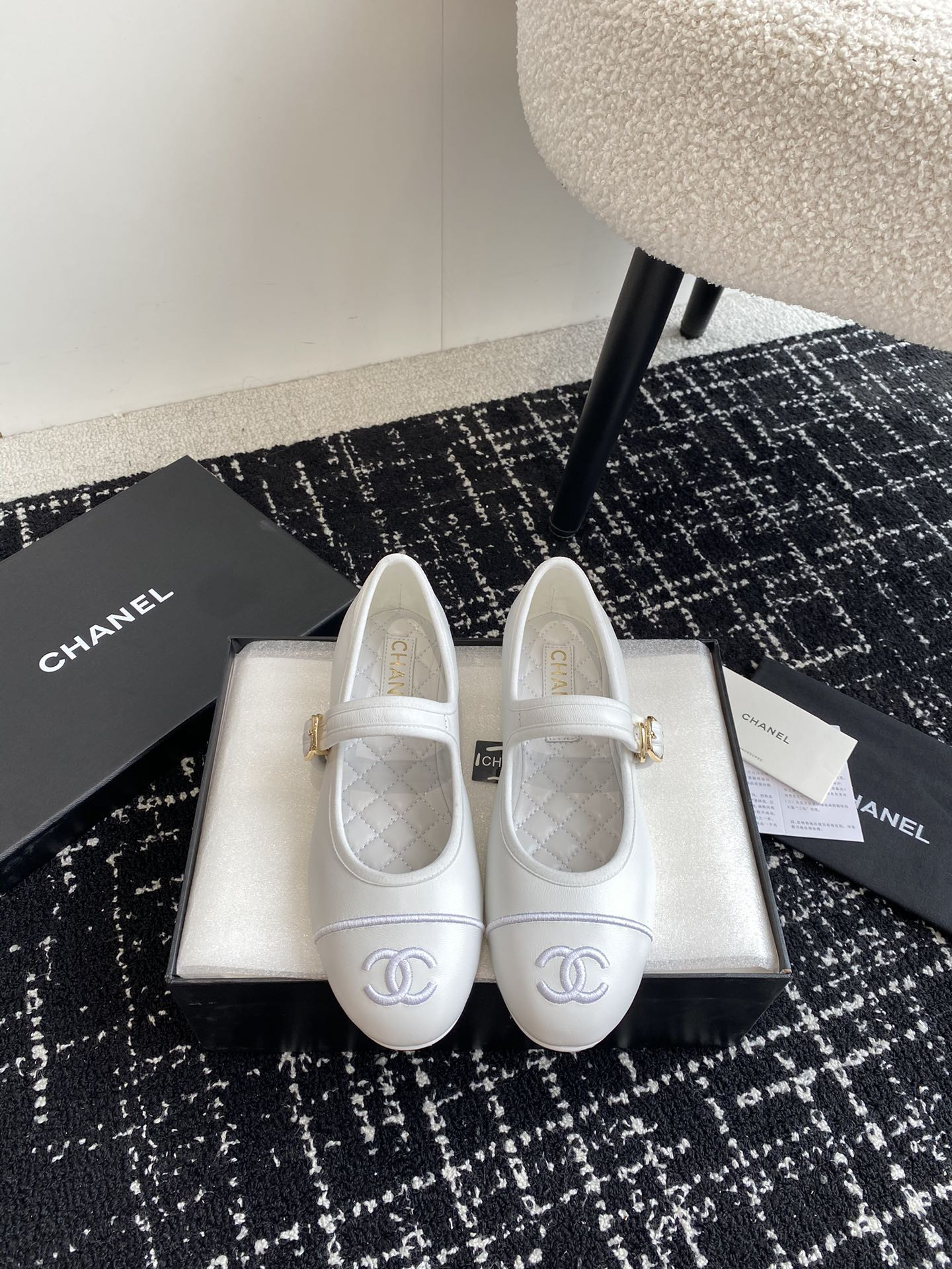 UA Ch*el MARY JANES Lambskin White