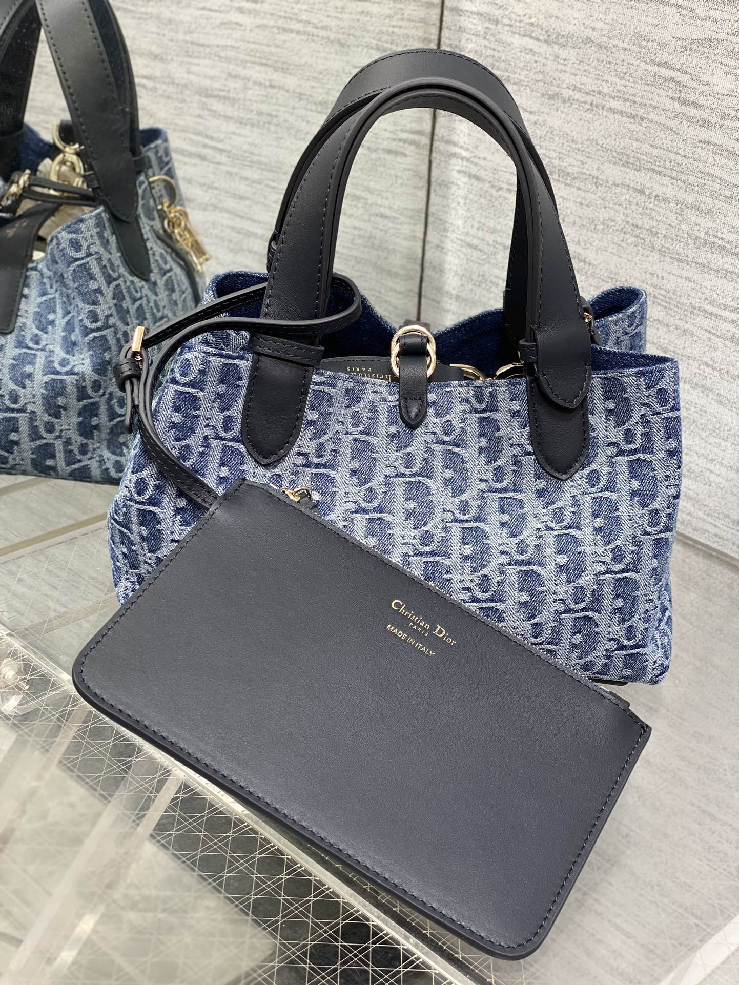 Small D*0r Toujours Bag Blue Denim D*0r Oblique Jacquard 23 x15 x15cm