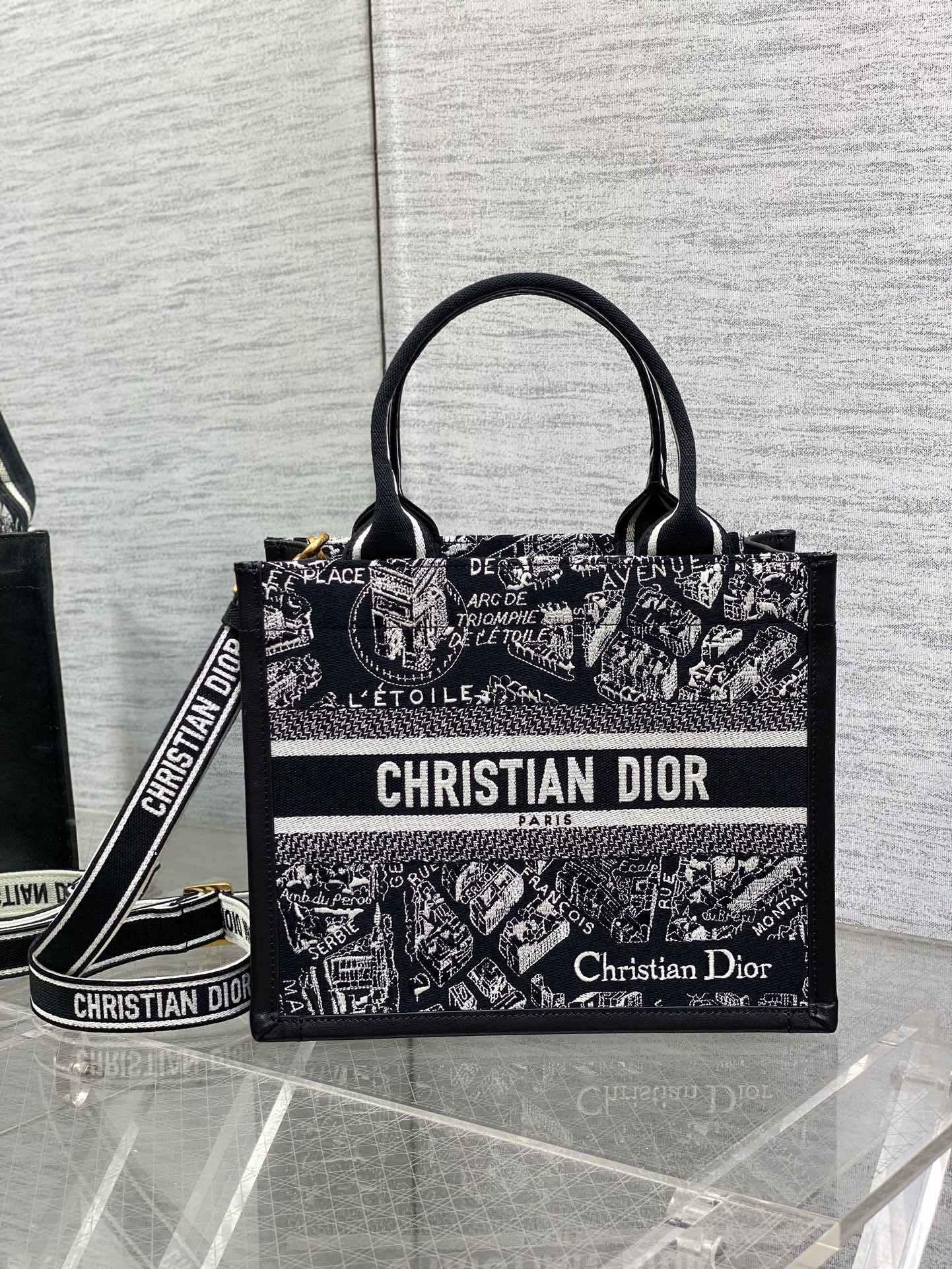 D*0r Small D*0r Book Tote White and Black Plan de Paris Embroidery and Black Calfskin 26.5 x 21 x 14 cm