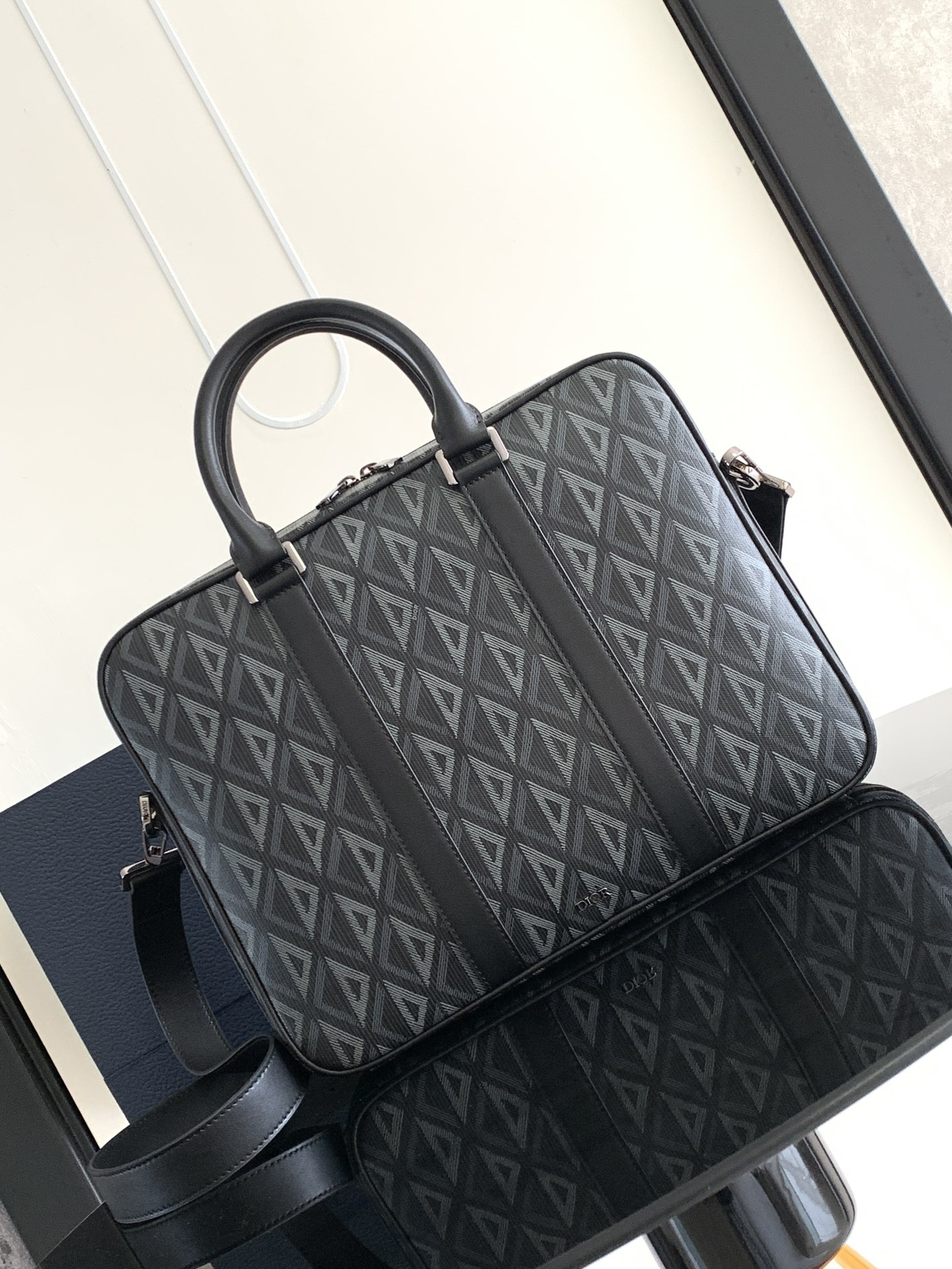 D*0r Zipped Briefcase Black CD Diamond Canvas and Black Grained Calfskin 37 x 28 x 6 cm