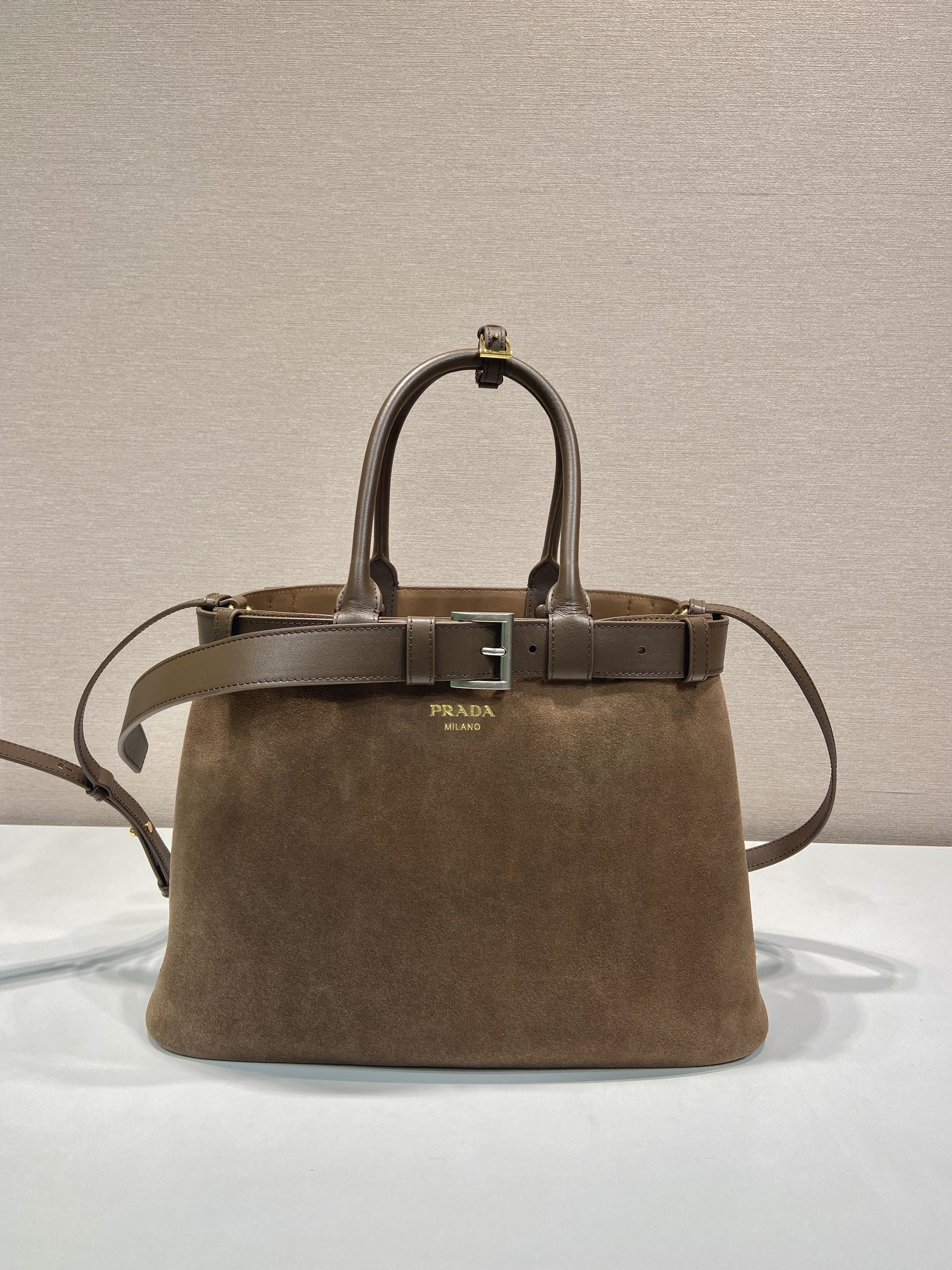 Pra*a Large Pra*a Buckle suede bag with belt 27.5x37.5x14cm