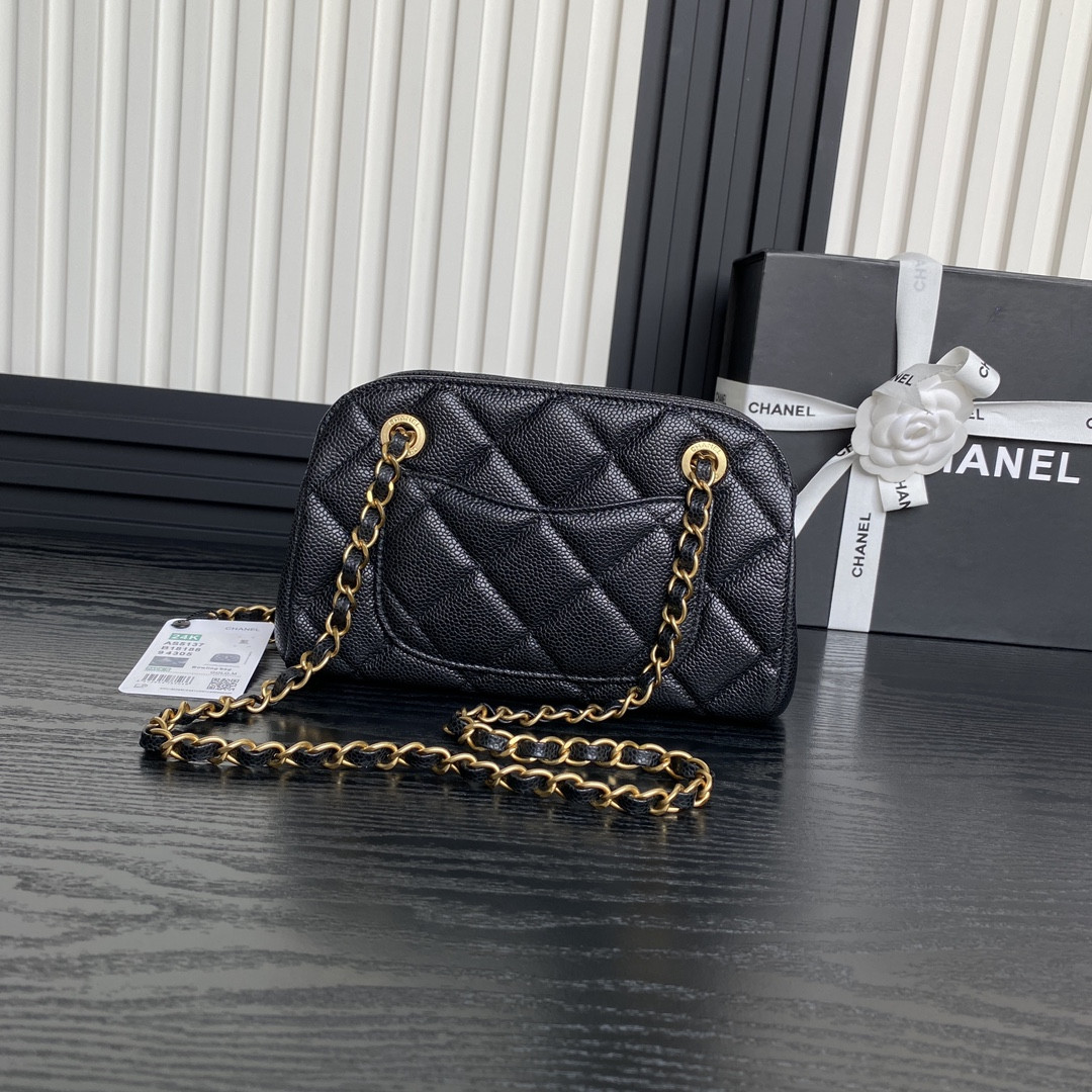 Ch*el Small Bowling Bag Grained Shiny Calfskin 14x22x9cm