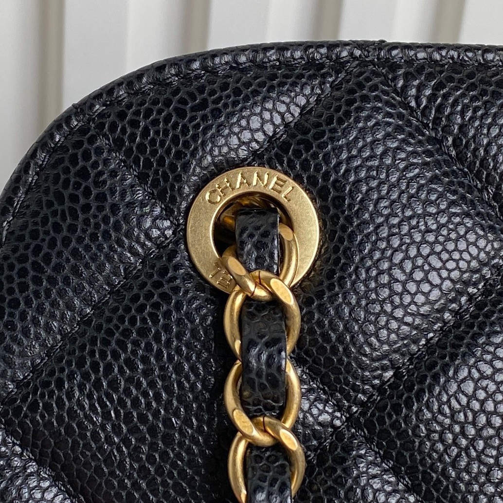 Ch*el Small Bowling Bag Grained Shiny Calfskin 14x22x9cm