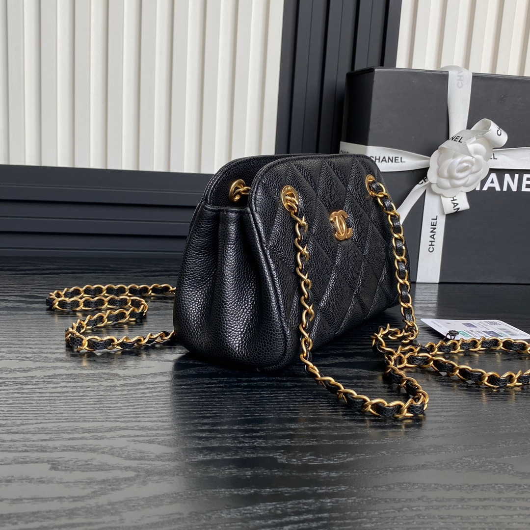 Ch*el Small Bowling Bag Grained Shiny Calfskin 14x22x9cm