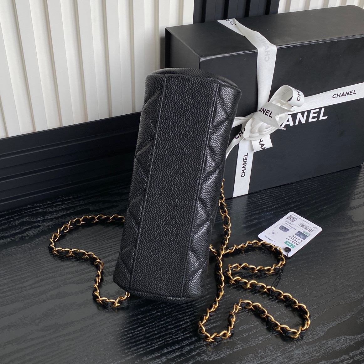 Ch*el Small Bowling Bag Grained Shiny Calfskin 14x22x9cm