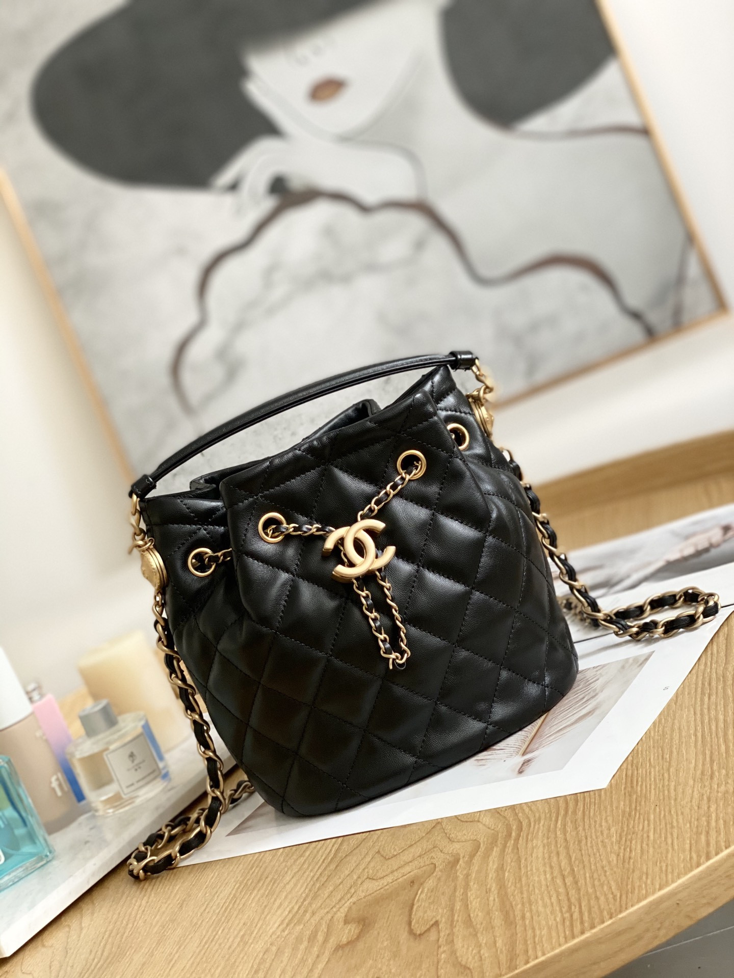 Ch*el Drawstring Button Bucket Bag 21x24x14cm