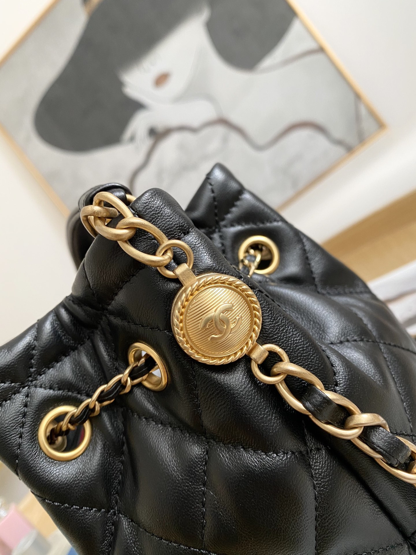 Ch*el Drawstring Button Bucket Bag 21x24x14cm