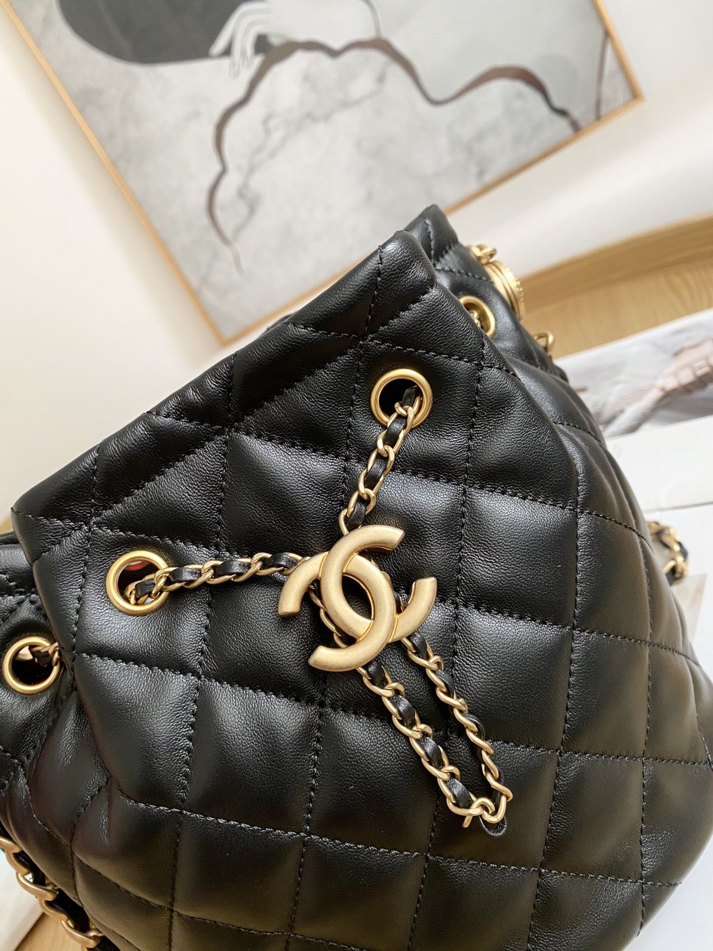 Ch*el Drawstring Button Bucket Bag 21x24x14cm