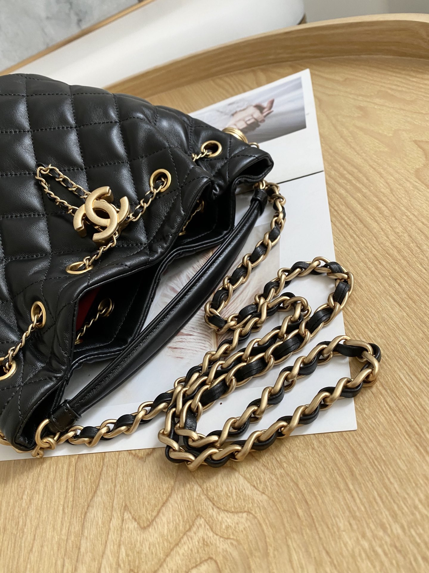 Ch*el Drawstring Button Bucket Bag 21x24x14cm