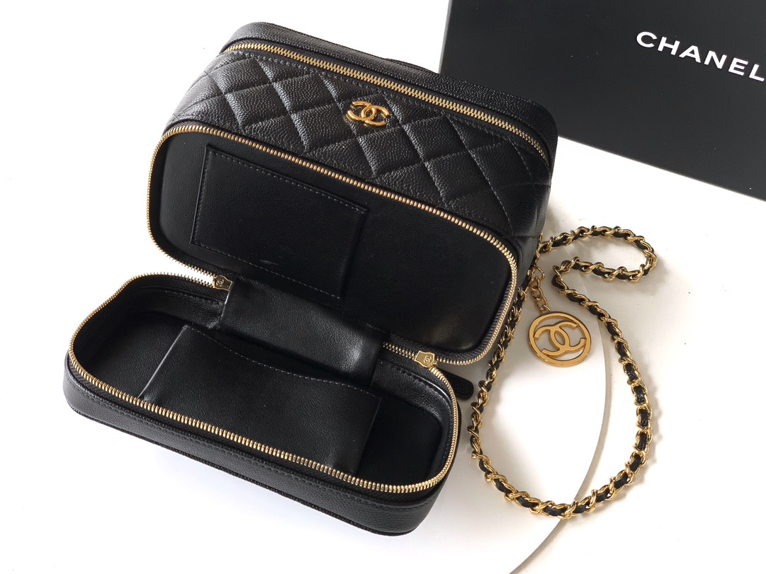 Ch*el leather cosmetic black bag 17x9.5x9cm