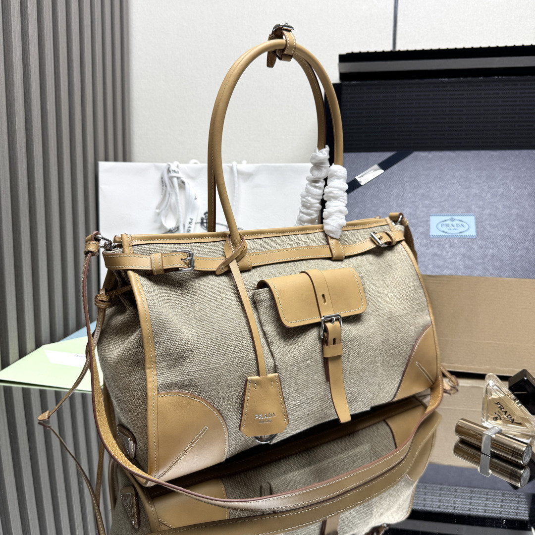 Pra*a bonnie linen and leather tote bag 24x38x12cm