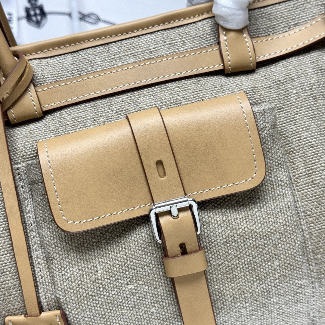 Pra*a bonnie linen and leather tote bag 24x38x12cm